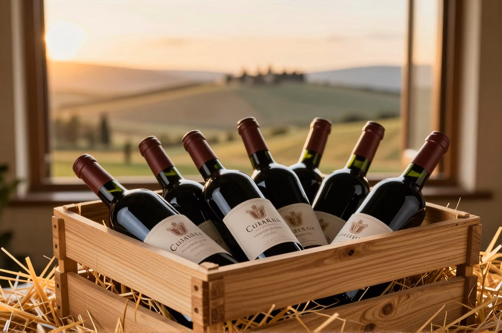 Bouteilles de vin italien dans une caisse en bois avec paysage toscan en arriere-plan
