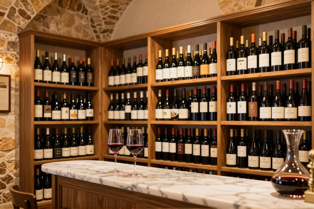 Interieur d'une enoteca italienne avec etageres de bouteilles et verres de Chianti sur comptoir