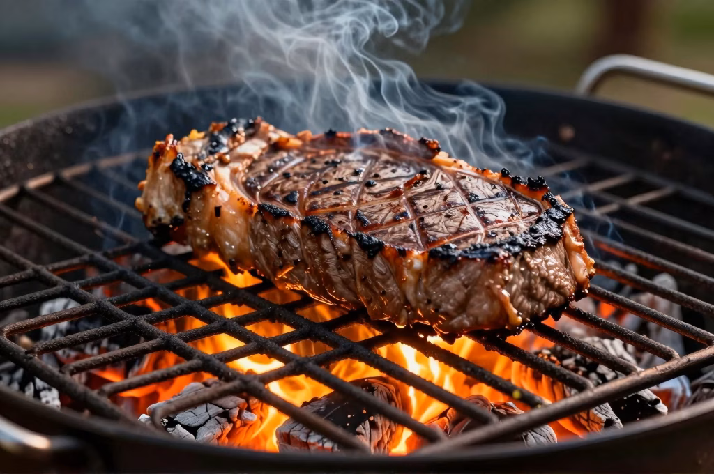 Bistecca fiorentina grillant sur braises incandescentes avec croute caramelisee sur gril toscan rustique