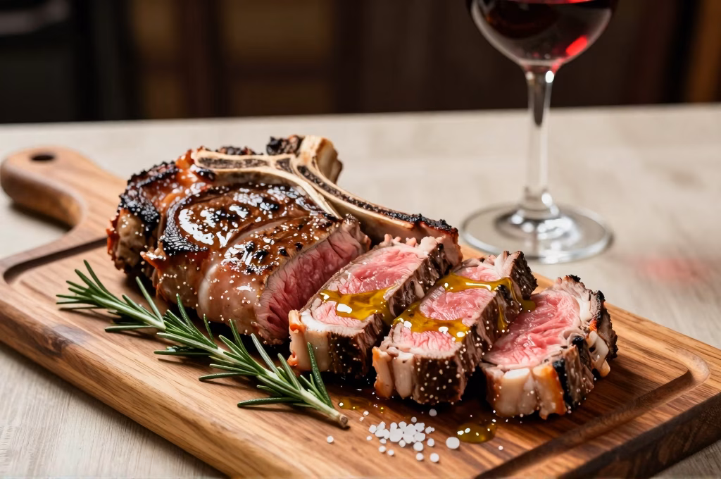 Bistecca fiorentina tranchee servie saignante avec huile d'olive et verre de Chianti sur table rustique