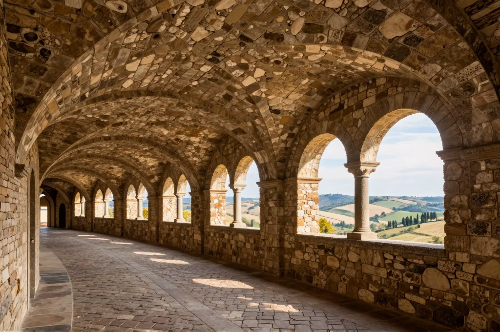 Via delle Volte a Castellina in Chianti, galerie voutee medievale avec arches de pierre et vue sur la vallee