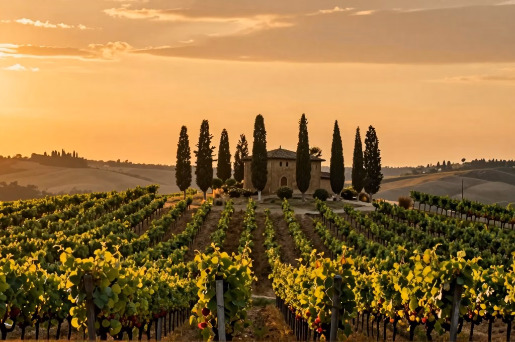 Vignobles du Chianti Classico au coucher du soleil avec cypres toscans et collines dorees