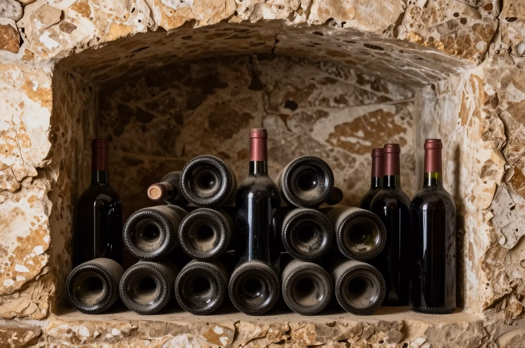 Bouteilles de vin rouge Chianti Classico conservees dans un cellier en pierre traditionnel