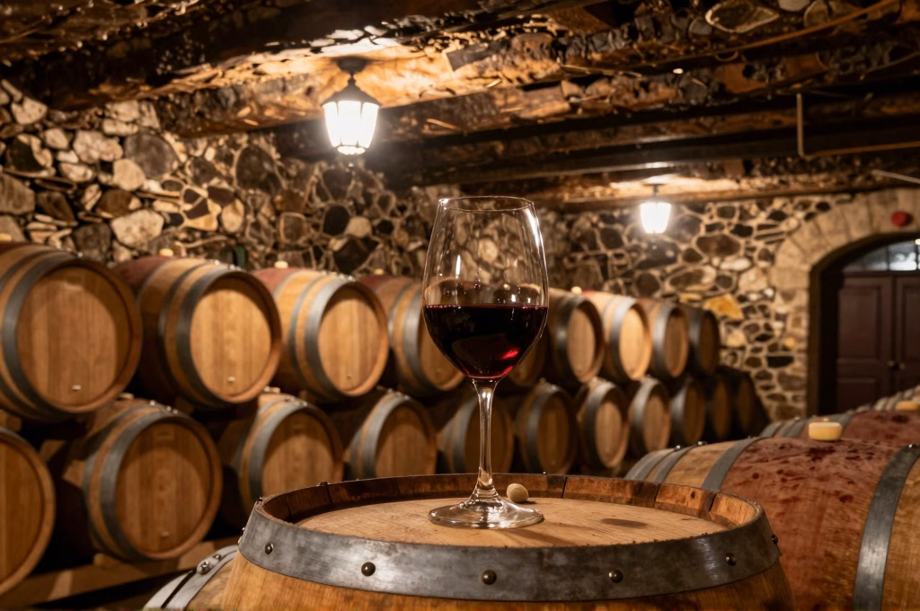 Cave toscane avec barriques de chene et verre de Chianti Classico rouge en degustation