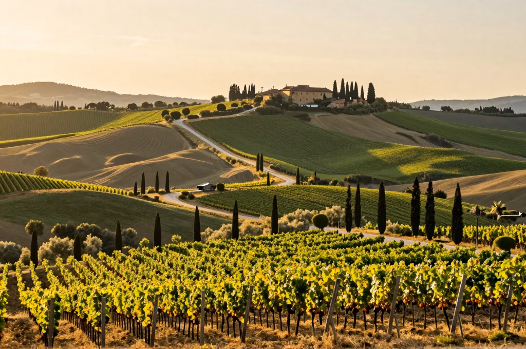 Vignobles de Chianti Classico avec collines toscanes, cypres et village medieval au coucher du soleil