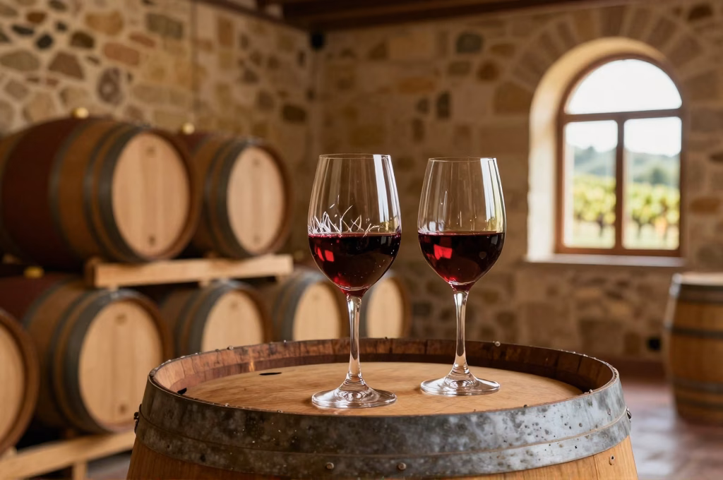 Degustation de Chianti Classico dans un domaine viticole toscan avec verres et barriques en chene