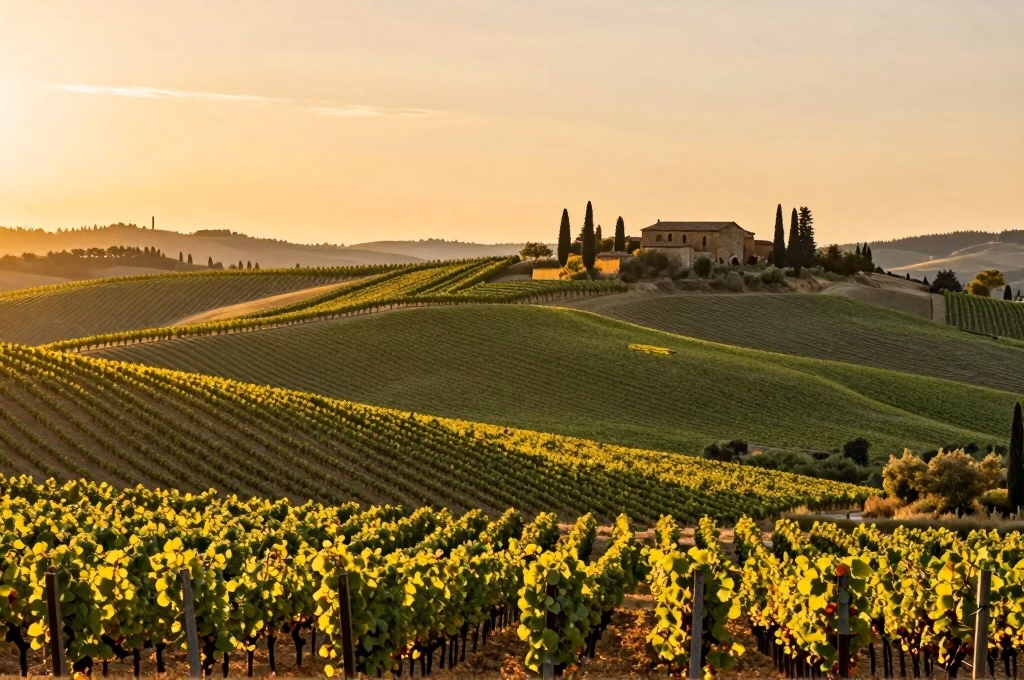 Vignoble de Sangiovese sur les collines du Chianti Classico entre Florence et Sienne au coucher du soleil