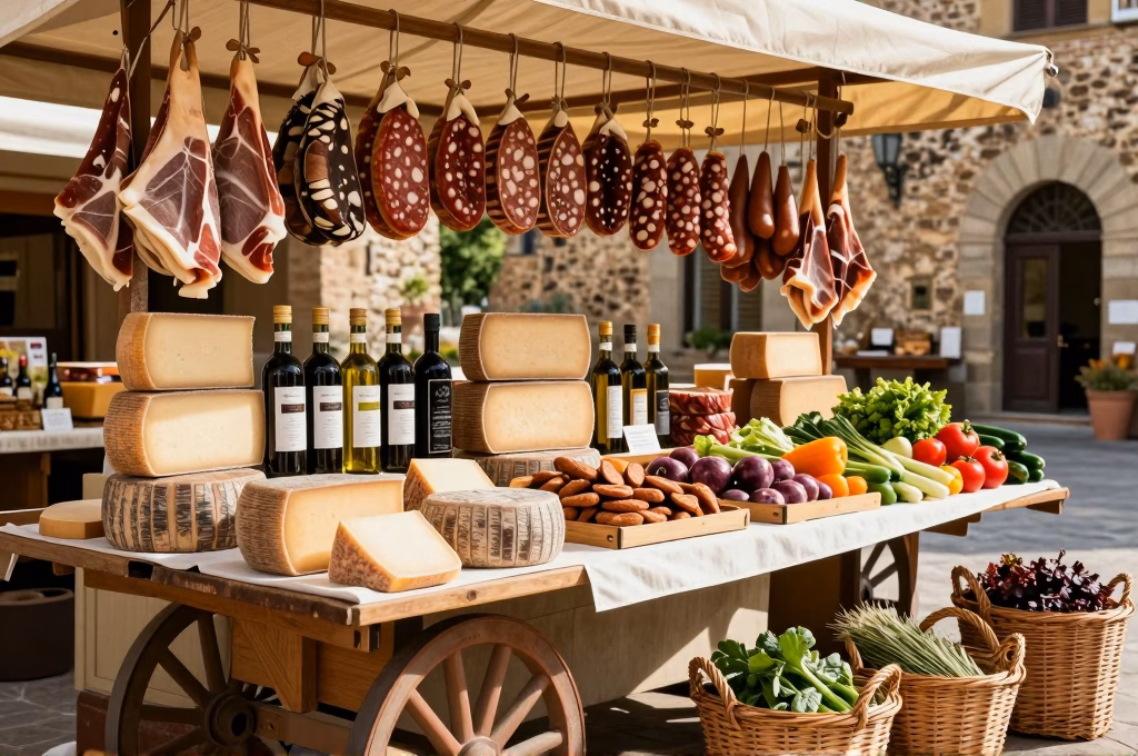 Marché toscan avec produits locaux du Chianti, huile d'olive, pecorino et charcuterie artisanale