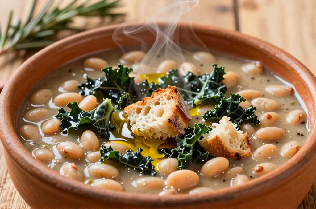 Ribollita toscane en gros plan, soupe traditionnelle aux haricots et chou noir dans un bol en terre cuite