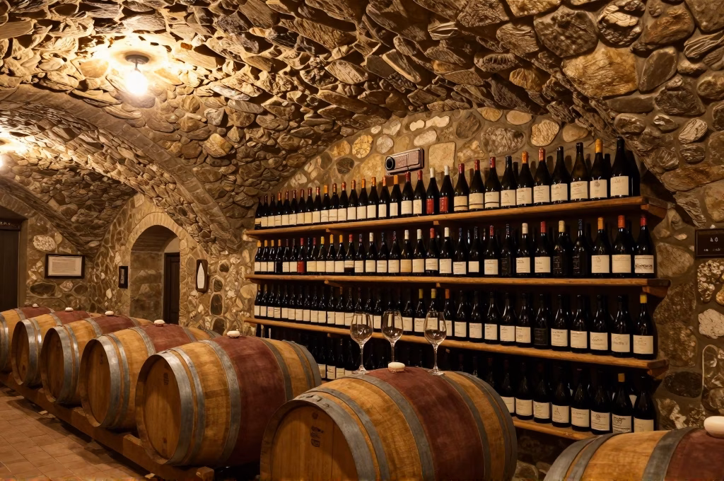 Cave historique en pierre voûtée avec tonneaux de chêne pour la dégustation de vin dans le Chianti