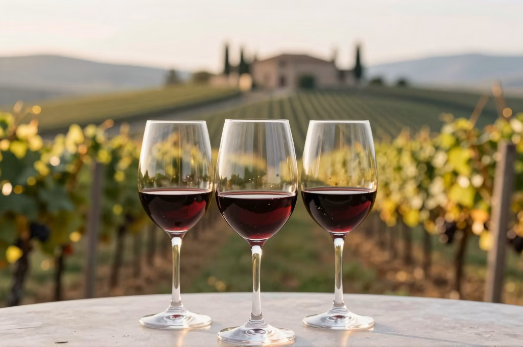 Verres de Chianti Classico rouge sur une terrasse avec paysage toscan en arrière-plan au soleil couchant