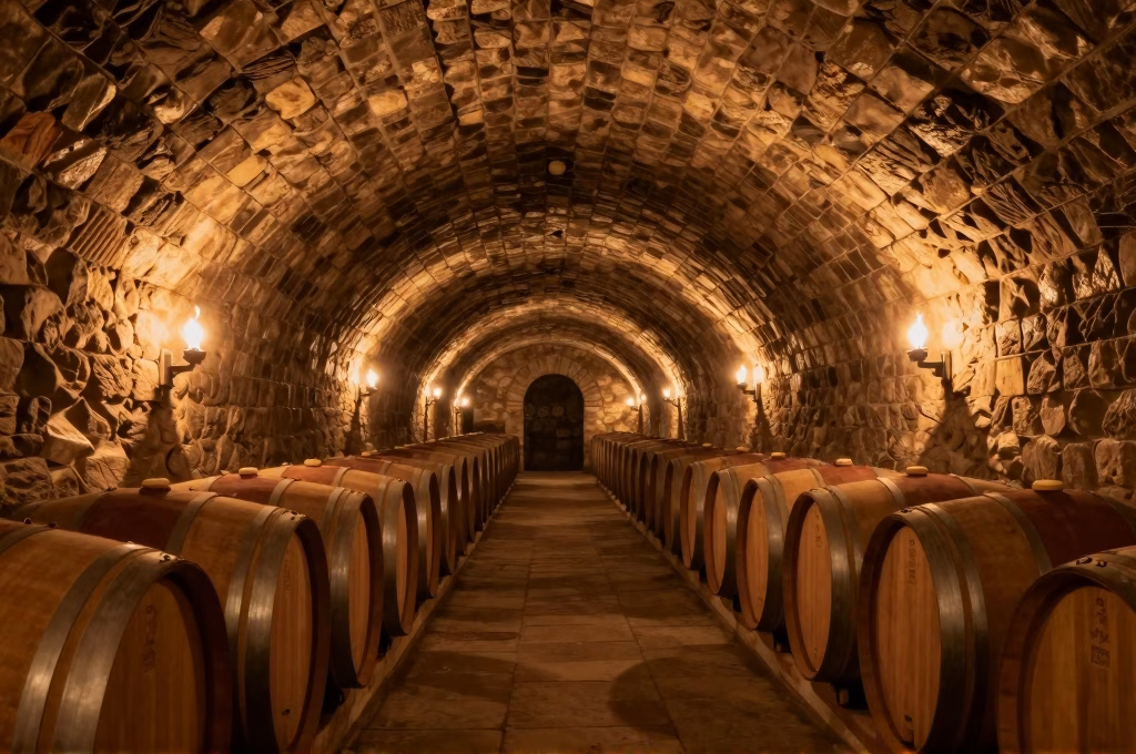 Cave historique avec barriques de chene sous des voutes en pierre dans un domaine du Chianti