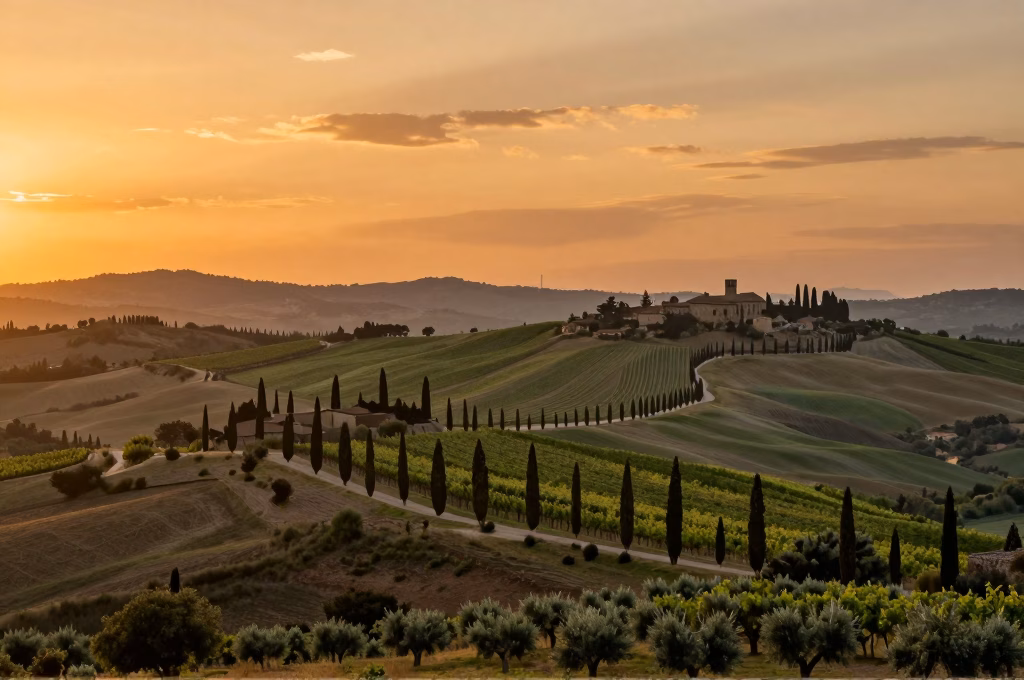 Collines du Chianti avec vignobles et cypres au coucher du soleil pres de Gaiole