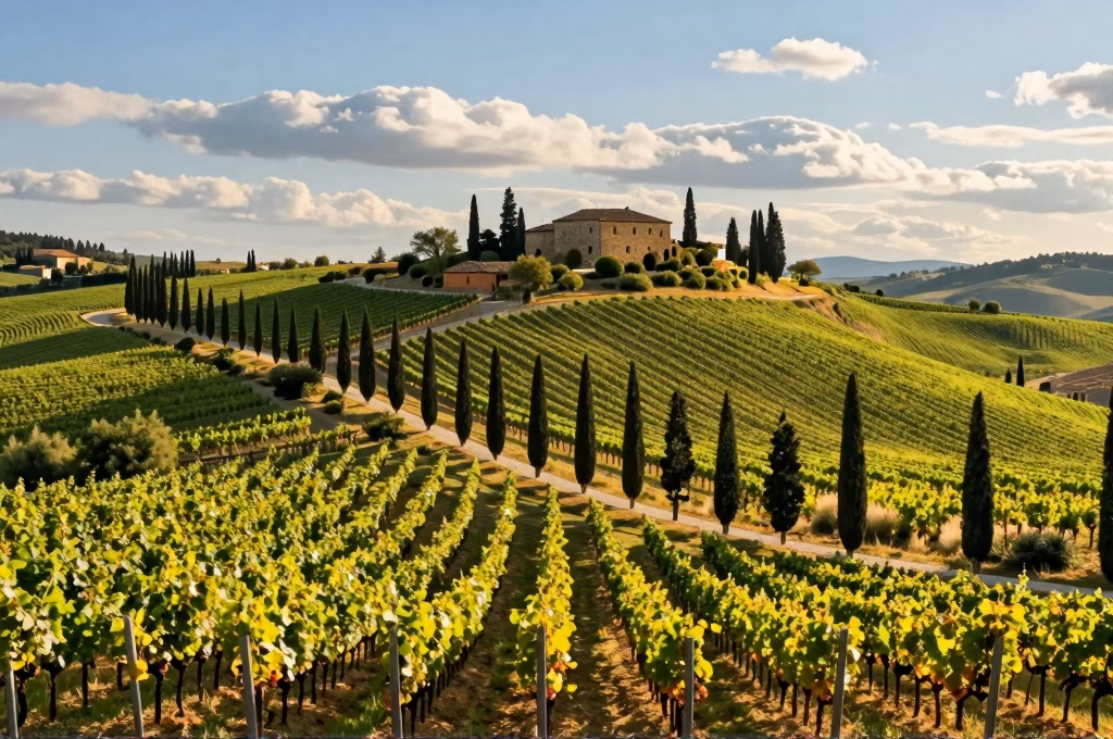 Paysage des vignobles du Chianti avec rangées de vignes et collines toscanes boisées