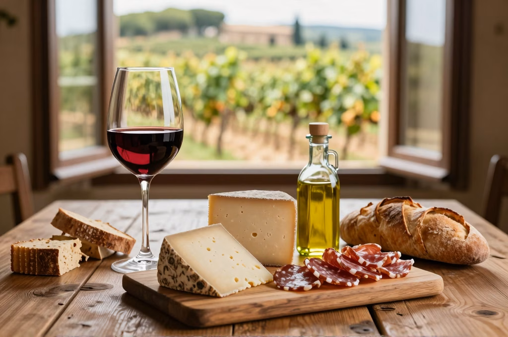 Dégustation de vin Chianti avec plateau de fromages et charcuterie toscane traditionnelle