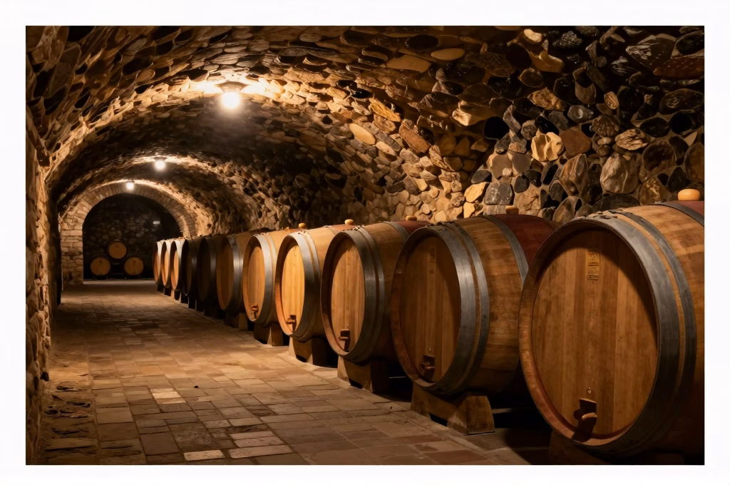 Cave voutee en pierre d'un domaine viticole du Chianti avec barriques de chene pour le vieillissement du vin