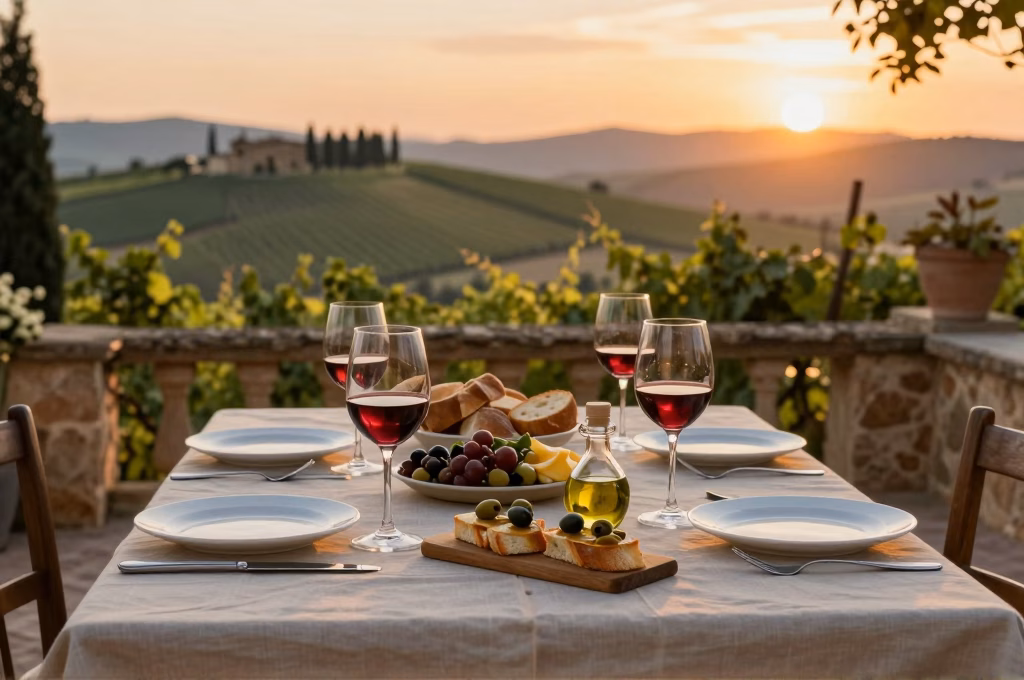 Table toscane dressee en terrasse avec vin rouge, bruschetta et huile d'olive face aux collines du Chianti
