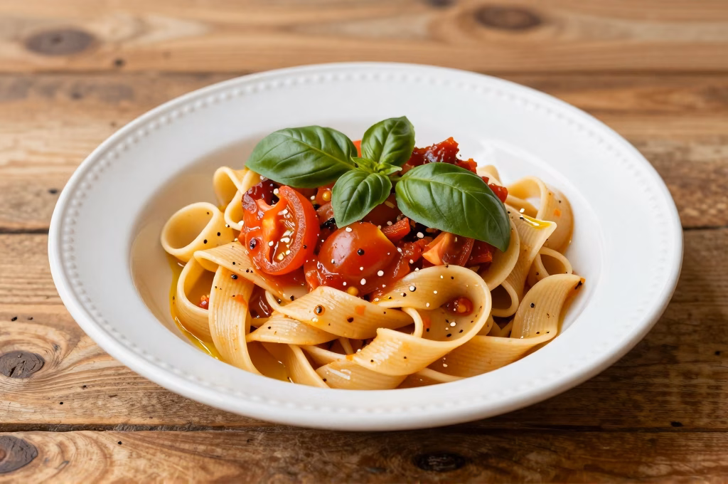 Plat de pâtes italiennes authentiques avec ingrédients frais et huile d'olive