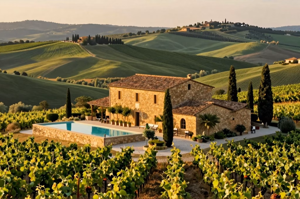Agriturismo en pierre dorée entouré de vignobles dans les collines du Chianti avec piscine