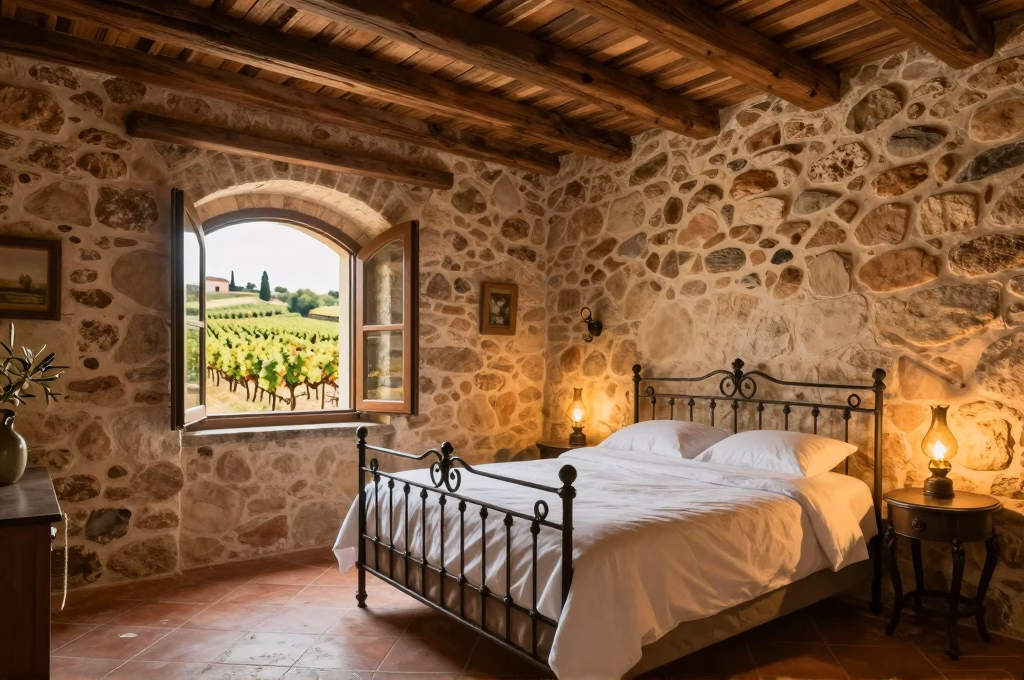 Chambre rustique élégante d'un agriturismo toscan avec vue sur les vignobles du Chianti