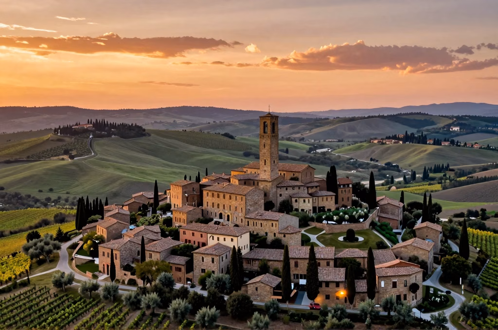 Village médiéval perché du Chianti au coucher de soleil avec vignobles à perte de vue