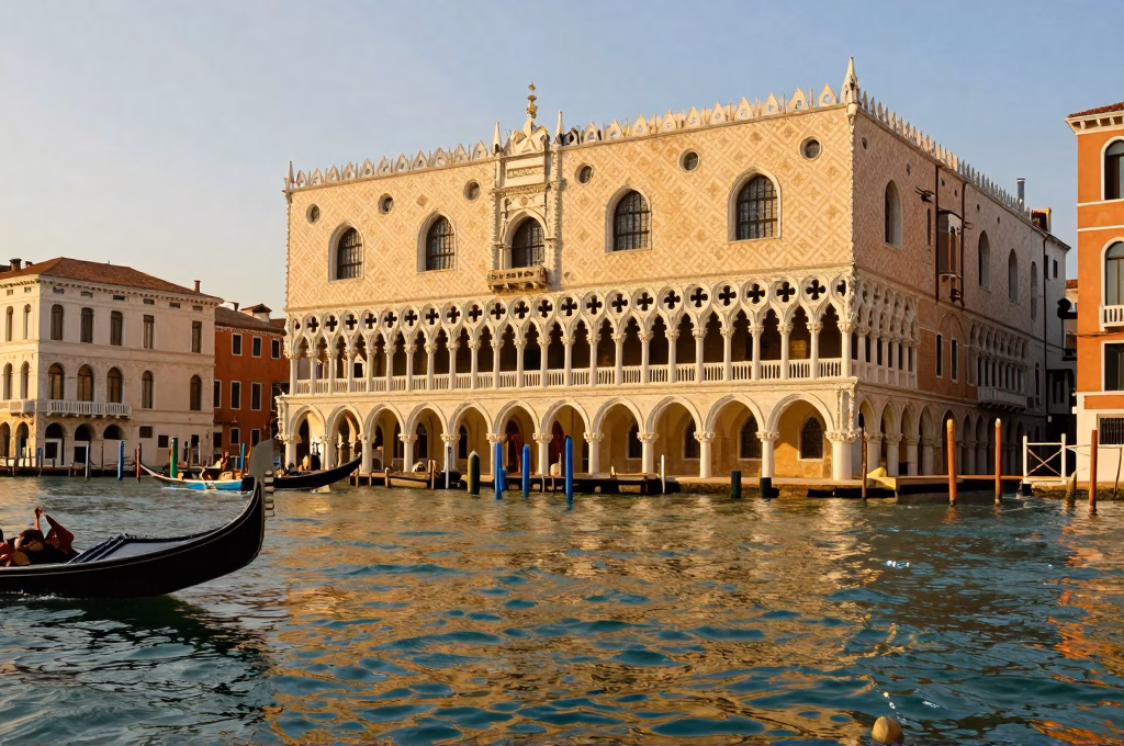 Palace venitien sur le Grand Canal de Venise au coucher du soleil avec gondoles
