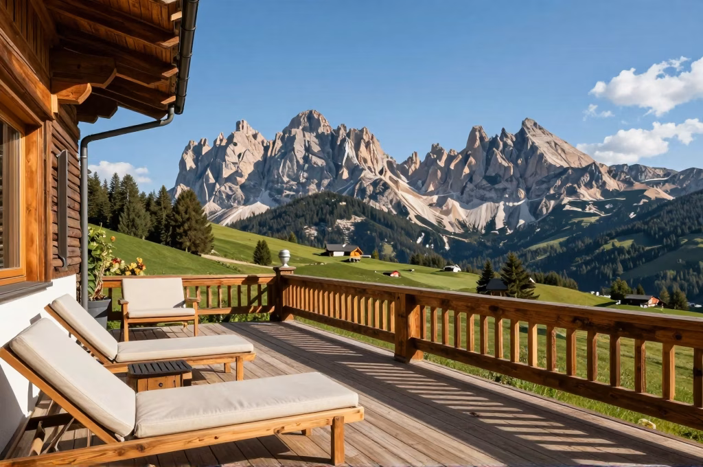 Terrasse d'un hotel spa dans les Dolomites avec vue panoramique sur les sommets alpins