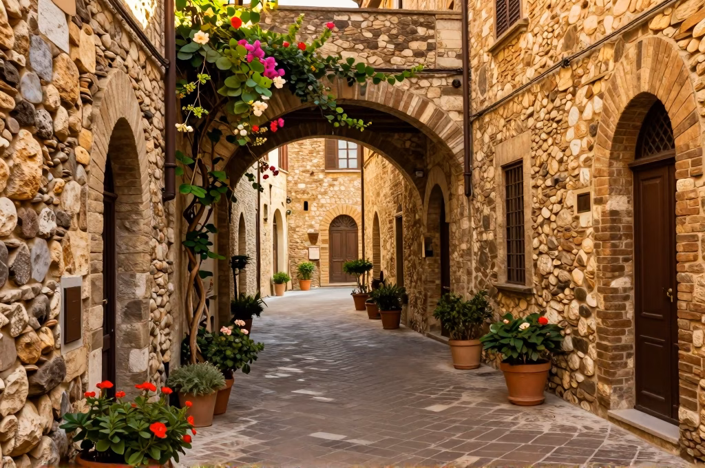 Ruelle medievale pittoresque de Spoleto avec murs de pierre anciens et fleurs grimpantes