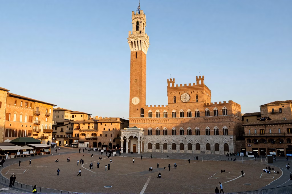 La Piazza del Campo de Sienne avec sa forme de coquillage et la Torre del Mangia