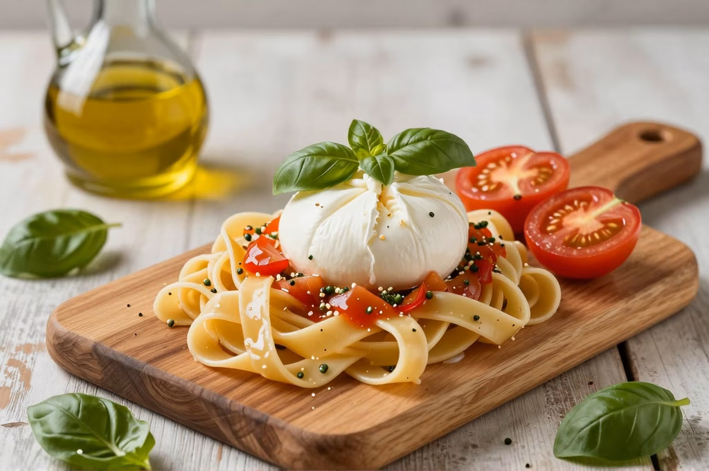 Table italienne avec pâtes fraîches, burrata et basilic, spécialités culinaires