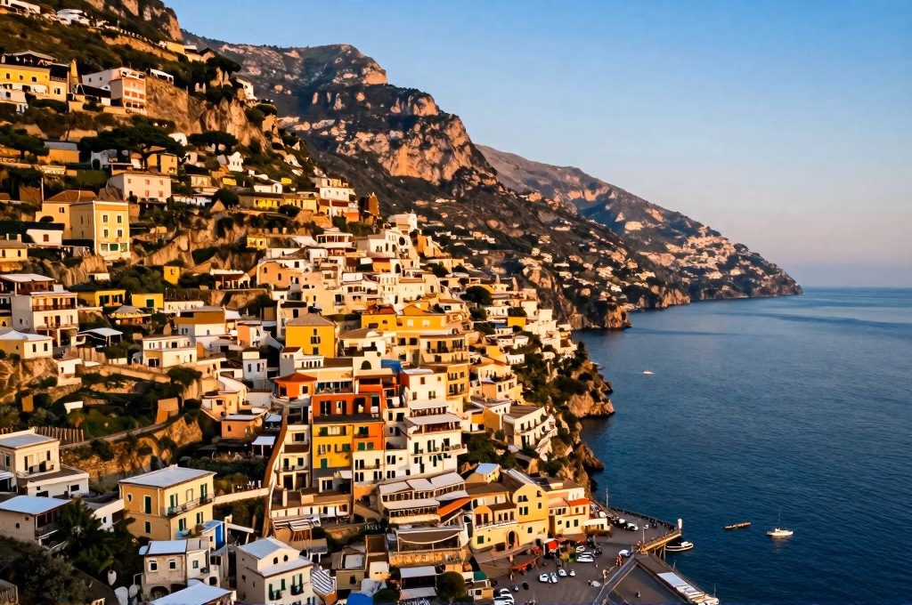 Vue aérienne de Positano sur la côte amalfitaine, maisons colorées et mer turquoise