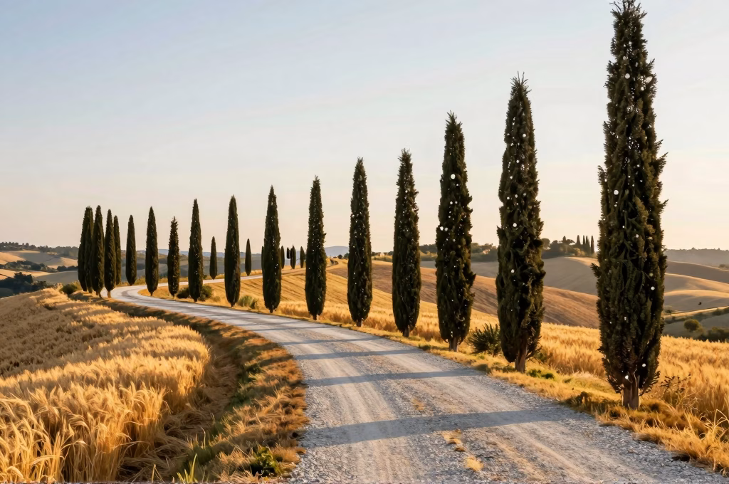 Route toscane bordee de cypres dans le Chianti avec lumiere doree du couchant