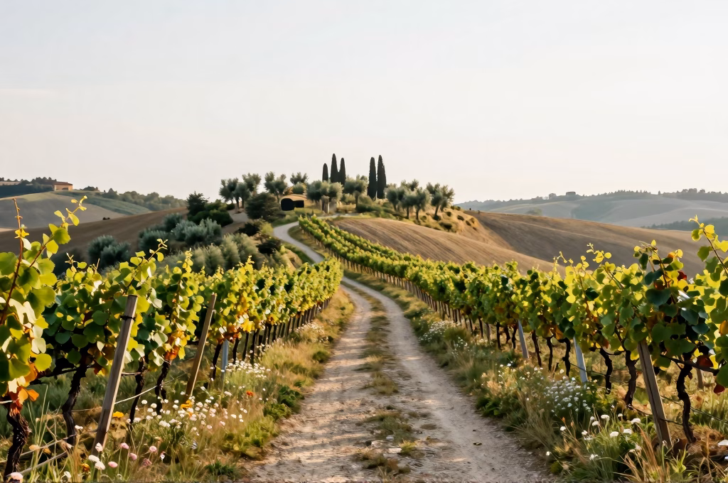 Sentier de randonnee dans les collines du Chianti entre vignes et oliviers au petit matin