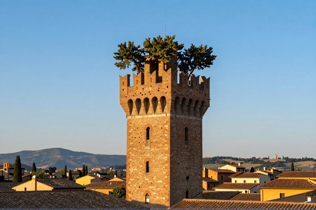 Torre Guinigi de Lucques en Toscane, tour médiévale avec chênes verts au sommet