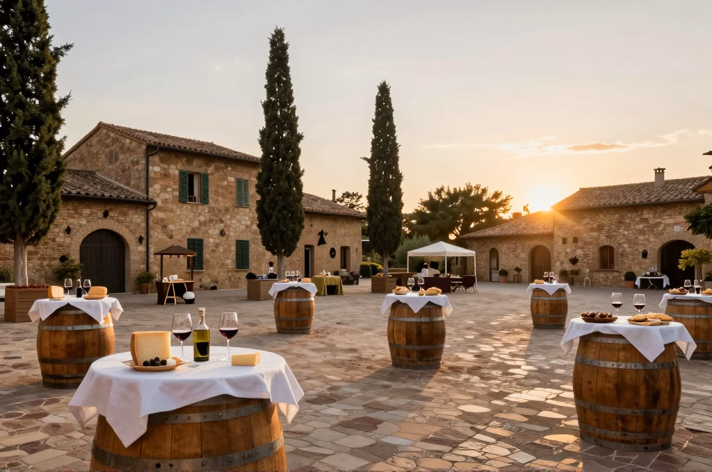 Dégustation de vin rouge et fromage en plein air lors d'une fête de village dans le Chianti toscan