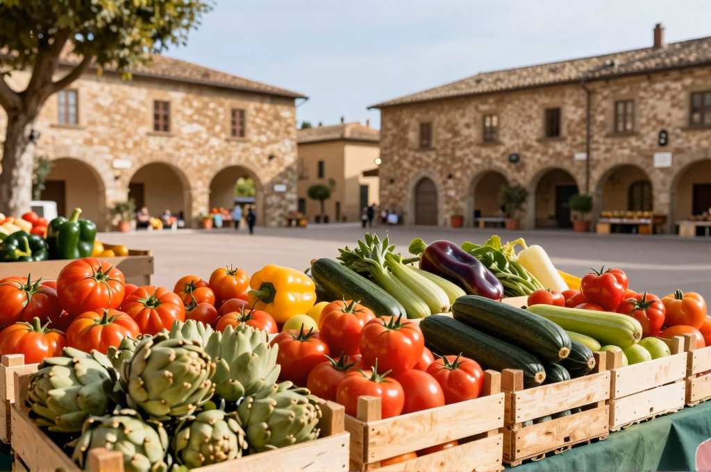 Etals colorés de fruits et légumes frais au marché en plein air d'un village médiéval du Chianti