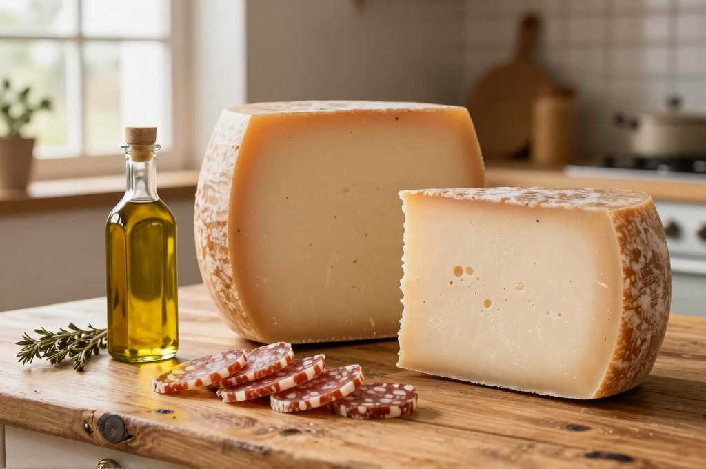 Fromages pecorino affinés, charcuteries toscanes et huile d'olive artisanale sur table rustique en bois