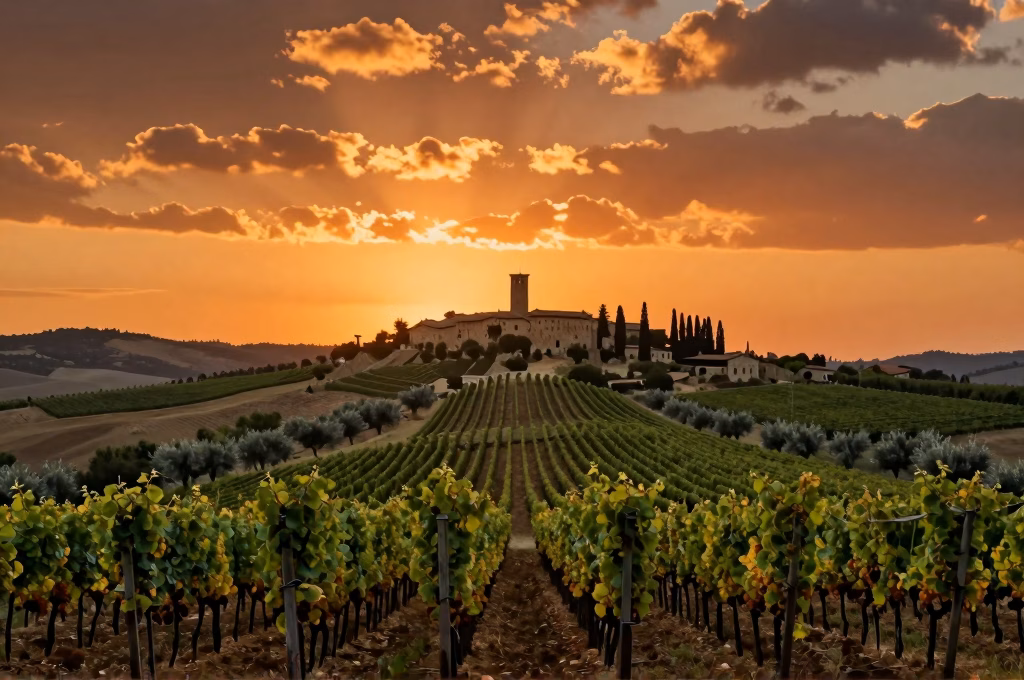 Coucher de soleil sur les vignobles de la Conca d'Oro avec Panzano in Chianti en arriere-plan