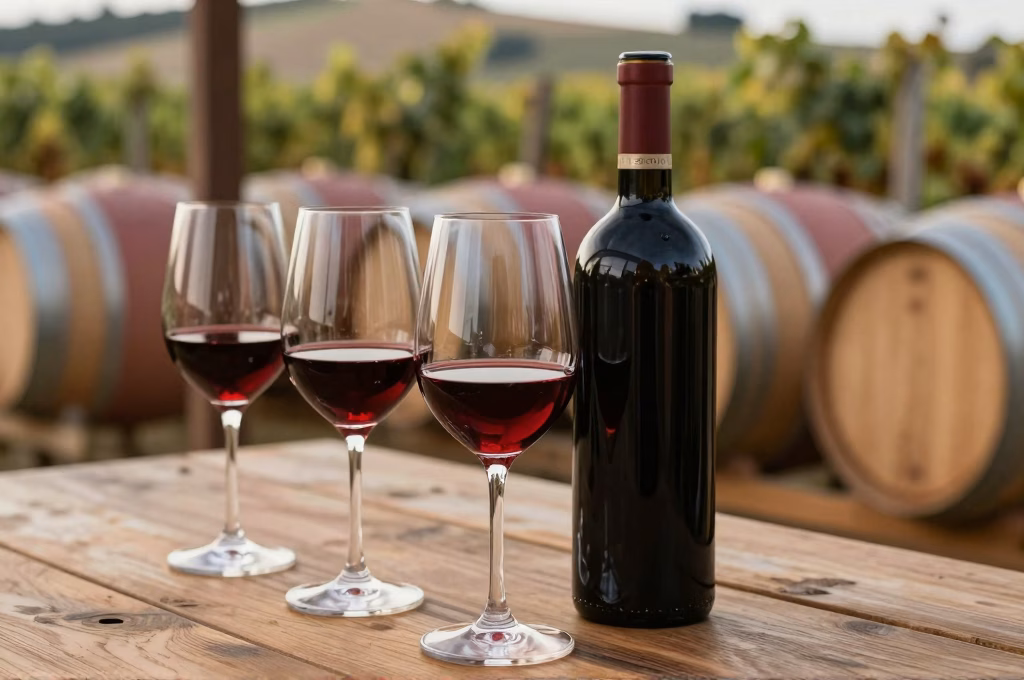 Dégustation de Chianti Classico dans un domaine viticole toscan avec verres de vin rouge et barriques