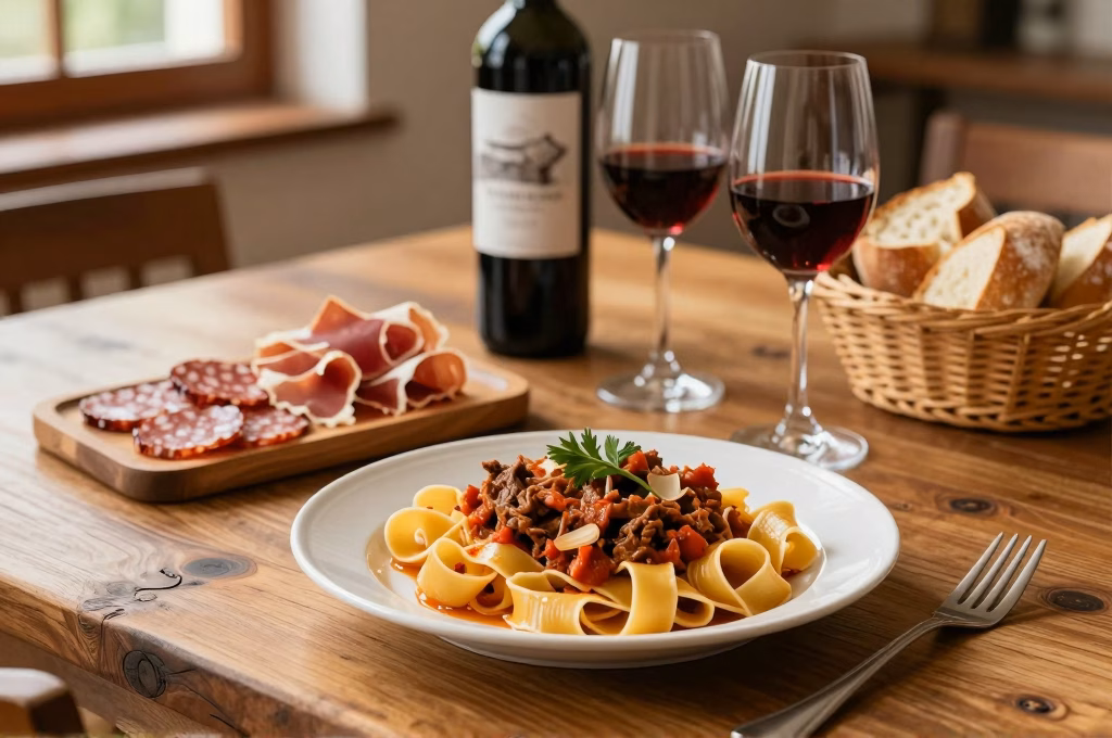 Table toscane authentique avec pappardelle au sanglier, charcuterie et vin du Chianti