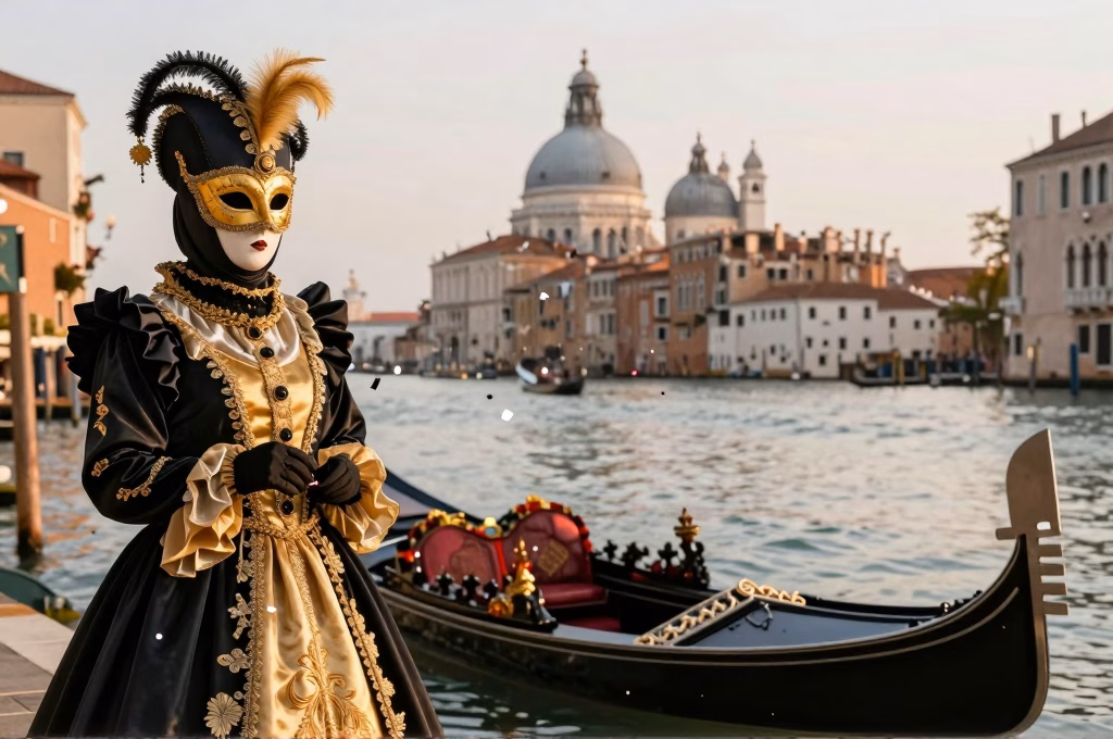 Scene du carnaval de Venise avec masques dores et costumes traditionnels devant le Grand Canal