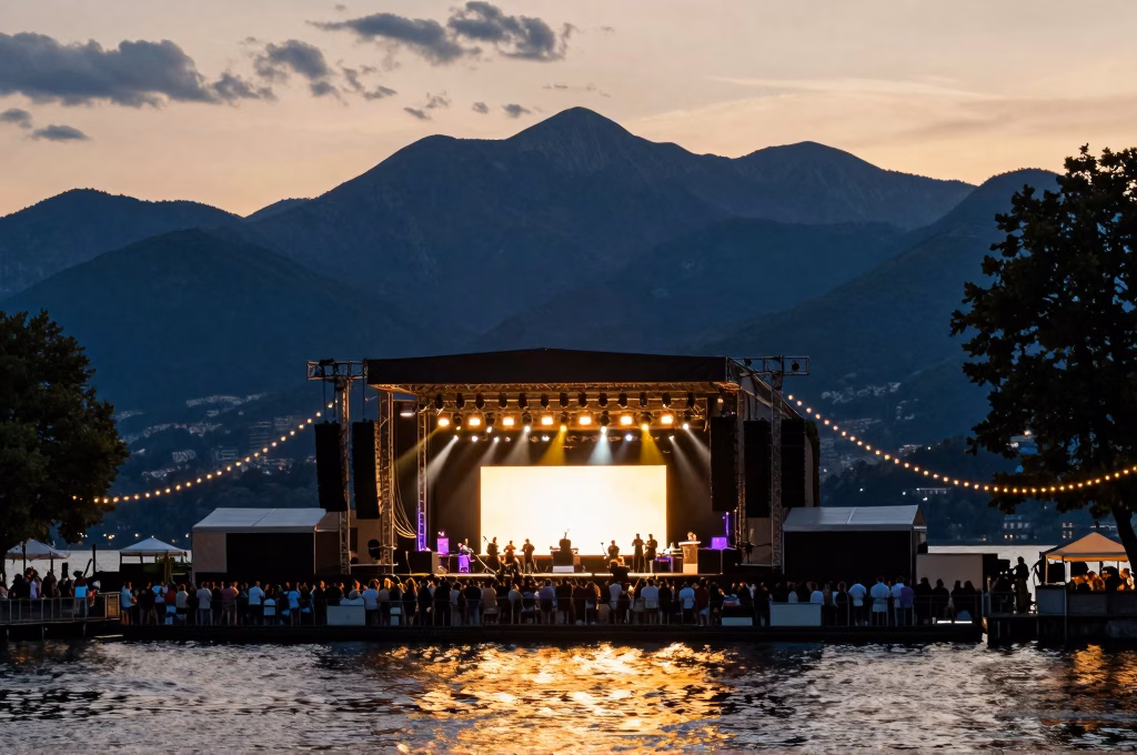 Festival de musique en plein air au bord du lac de Come avec montagnes alpines au coucher du soleil