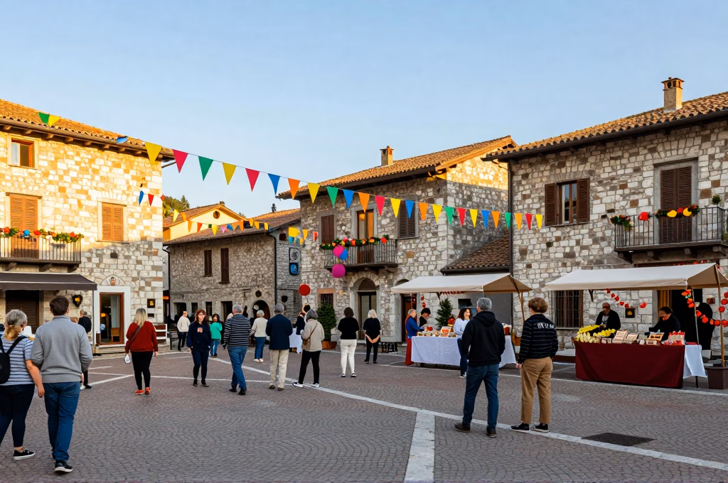 Sagra traditionnelle dans un village medieval italien avec stands gastronomiques et decorations festives