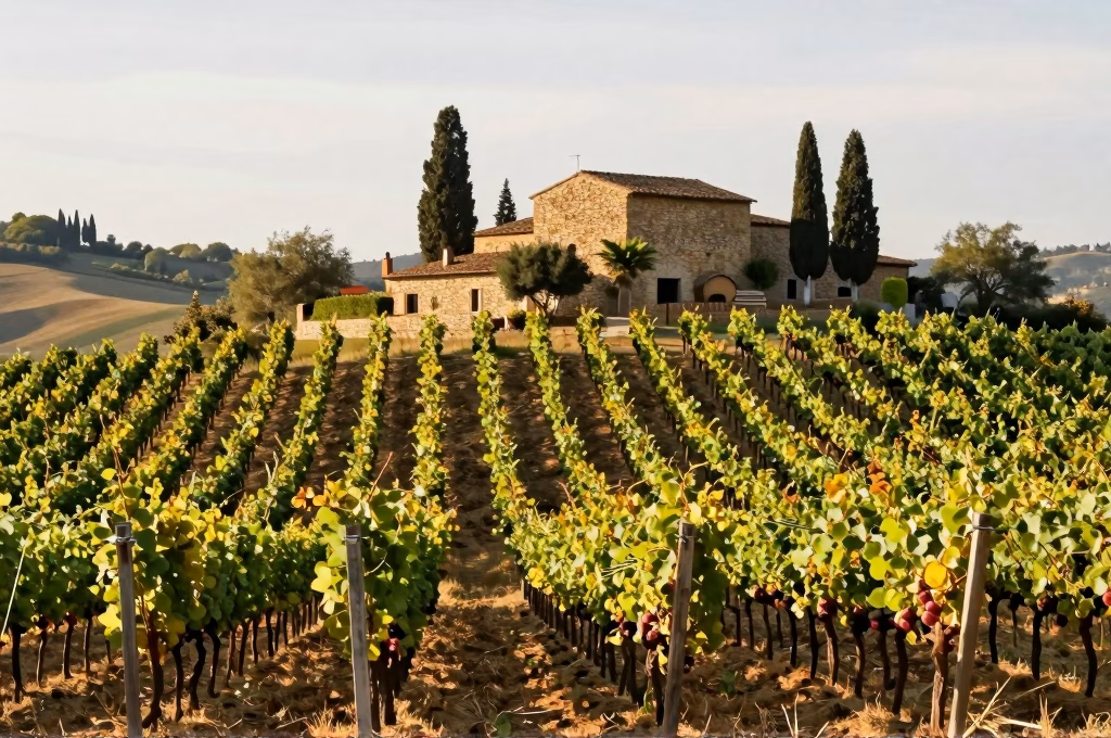 Vignobles du Chianti Classico autour de Radda avec domaine viticole en pierre