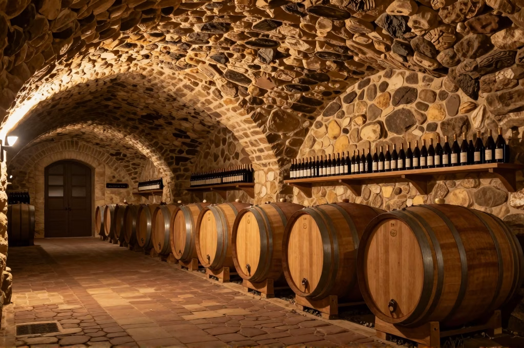 Cave à vin traditionnelle du Chianti Classico avec fûts de chêne et voûtes en pierre