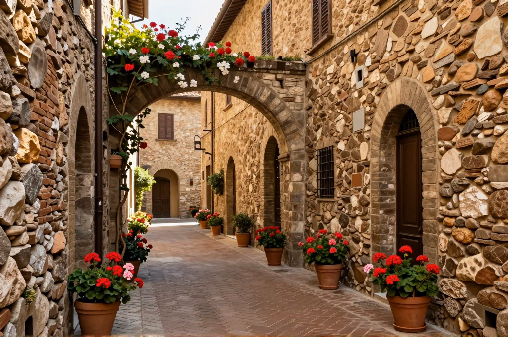 Ruelle médiévale pavée de Radda in Chianti avec arches en pierre et fleurs colorées