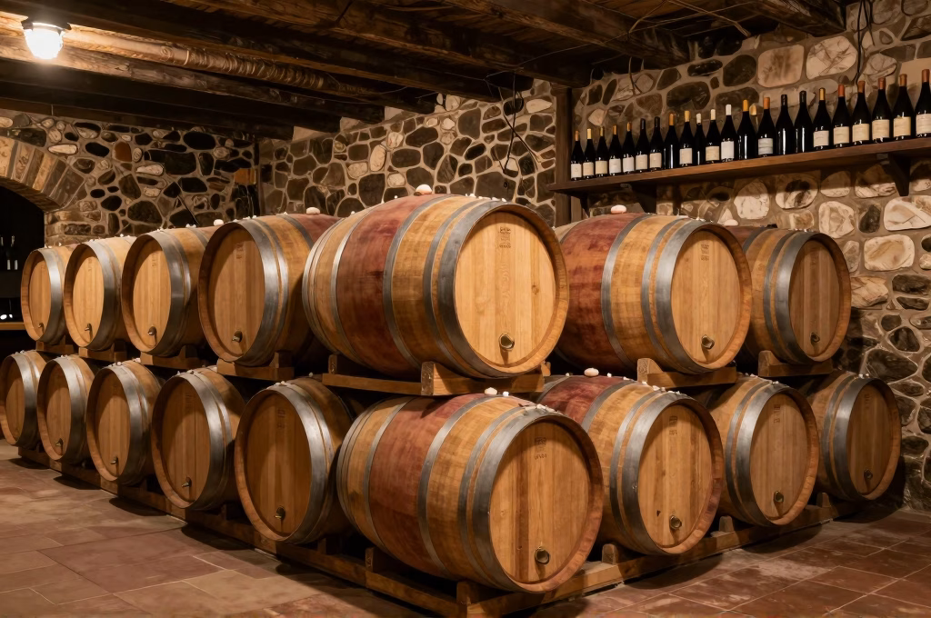 Cave a vin toscane avec tonneaux en chene et bouteilles dans une ambiance chaleureuse du Chianti