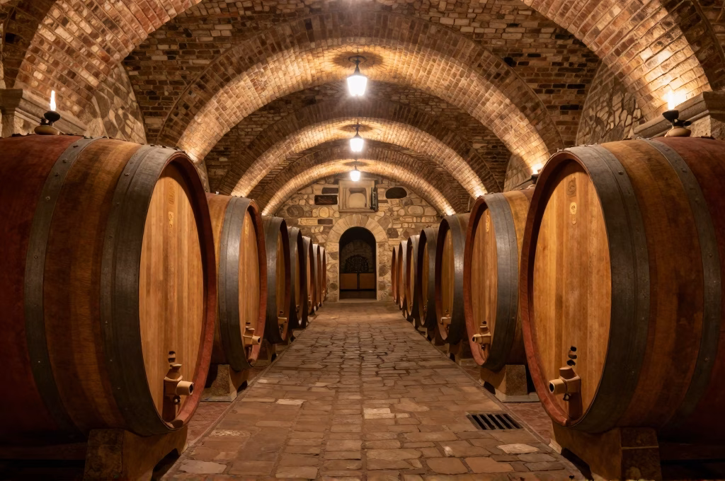 Cave voutee d'un chateau medieval du Chianti avec barriques de chene vieillissant le Chianti Classico