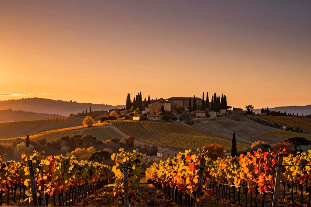 Coucher de soleil automnal sur les vignobles du Chianti avec village medieval en arriere-plan