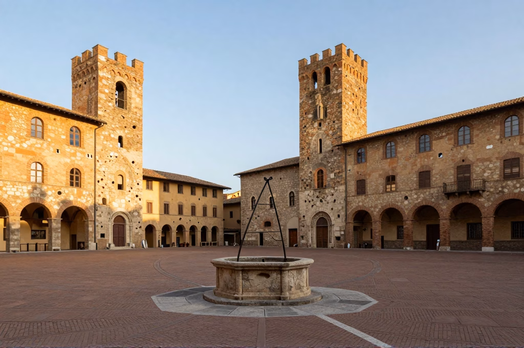 Piazza della Cisterna à San Gimignano avec son puits médiéval et ses maisons-tours en pierre